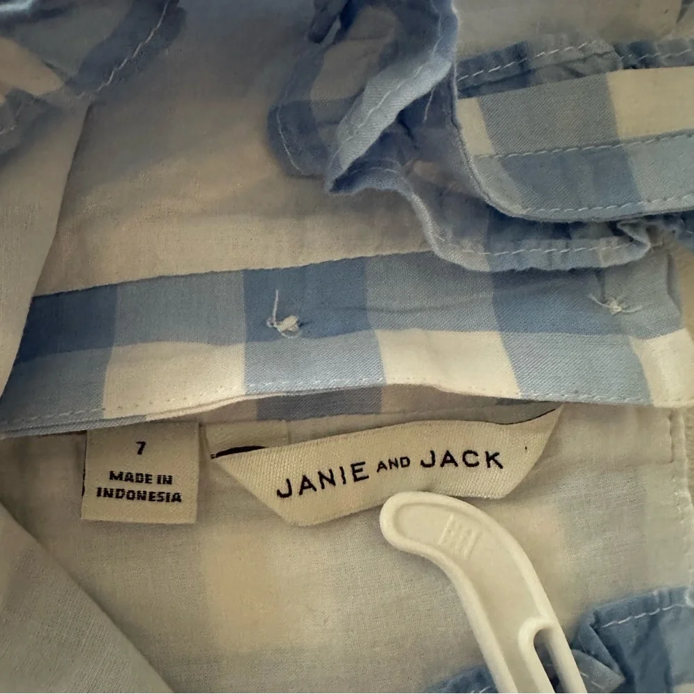 Janie and Jack Girls 7 Blue Gingham Ruffle Romper - Picture 3 of 5